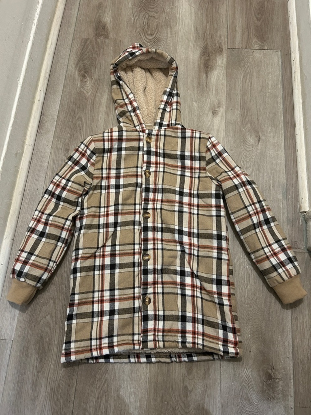 SHEIN Tan Plaid Hooded Sherpa-Lined Shirt Jacket
